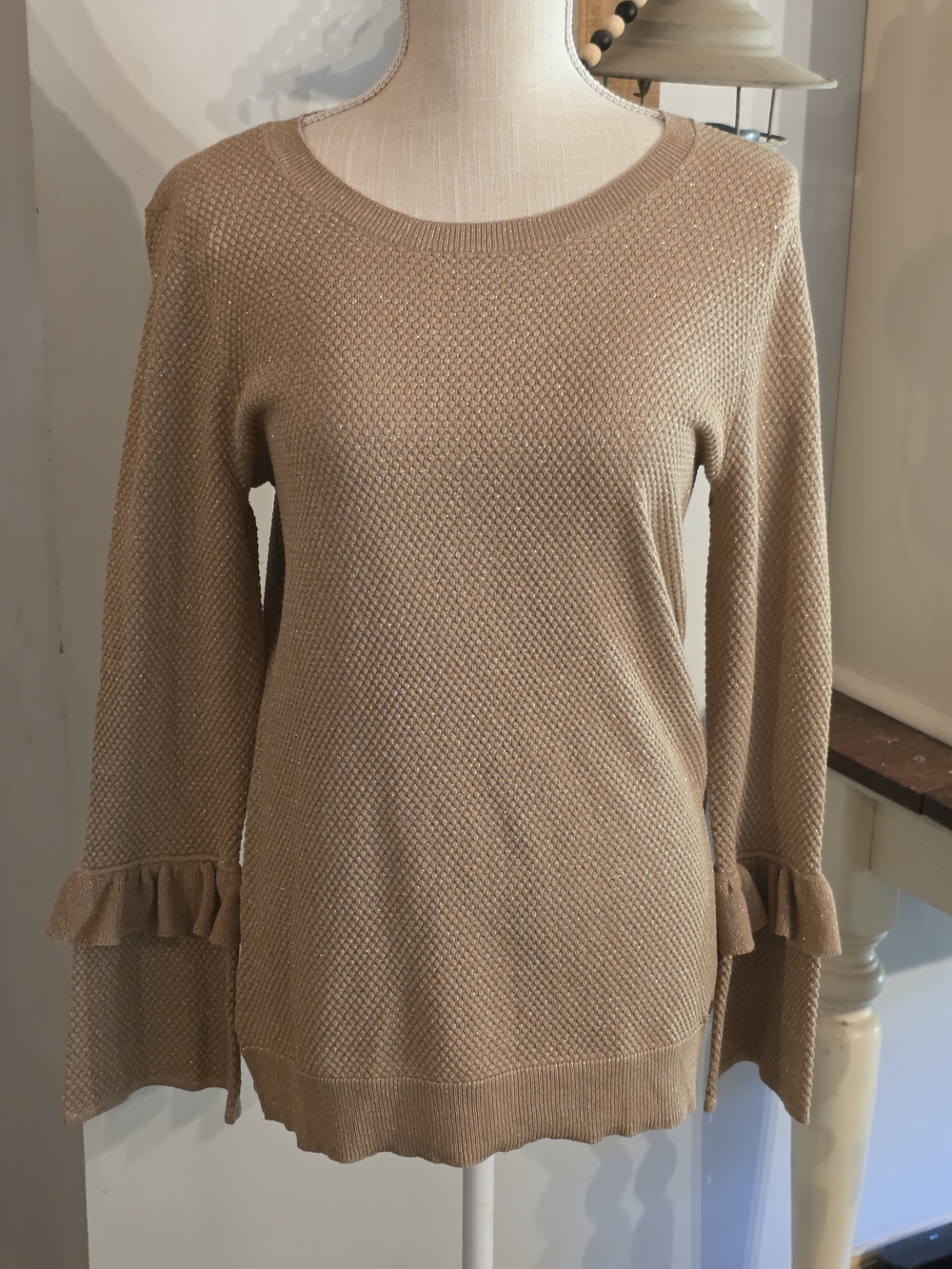 Michael Kors Gold Ruffle-Sleeve Crewneck Sweater
